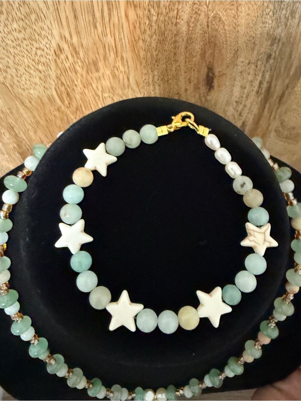 Handcrafted Green Amazonite & White Star Bead Bracelet 8”